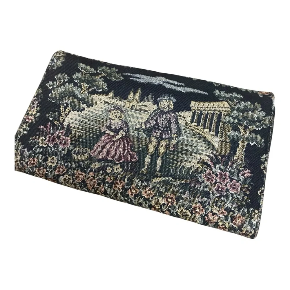 Vintage Tapestry English Countryside Print Kiss Lock Wallet Cottage Black